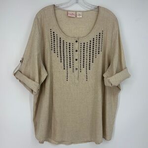 Coral Bay Womens 1X Pullover Blouse Top Beige Linen Rayon Metal Studs Short Slv